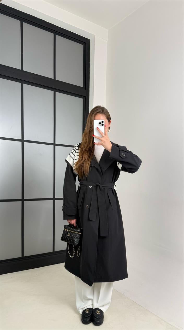 Siyah Fular Detaylı Kuşaklı Tasarım Trençkot GAUS-00515