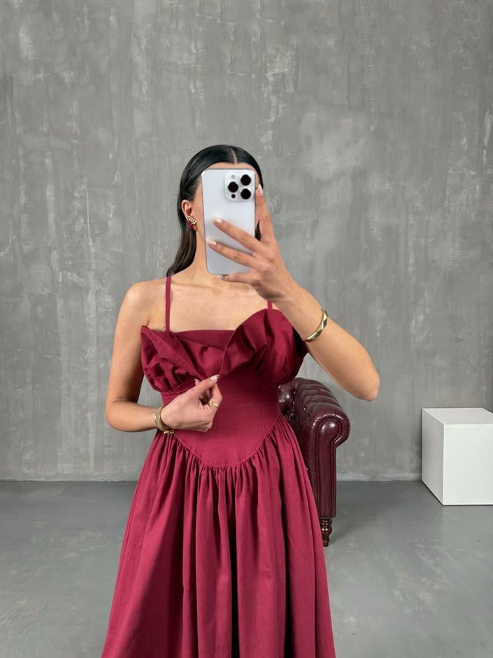 Vanda Bordo Yaka Volanlı Keten Görünümlü Elbise