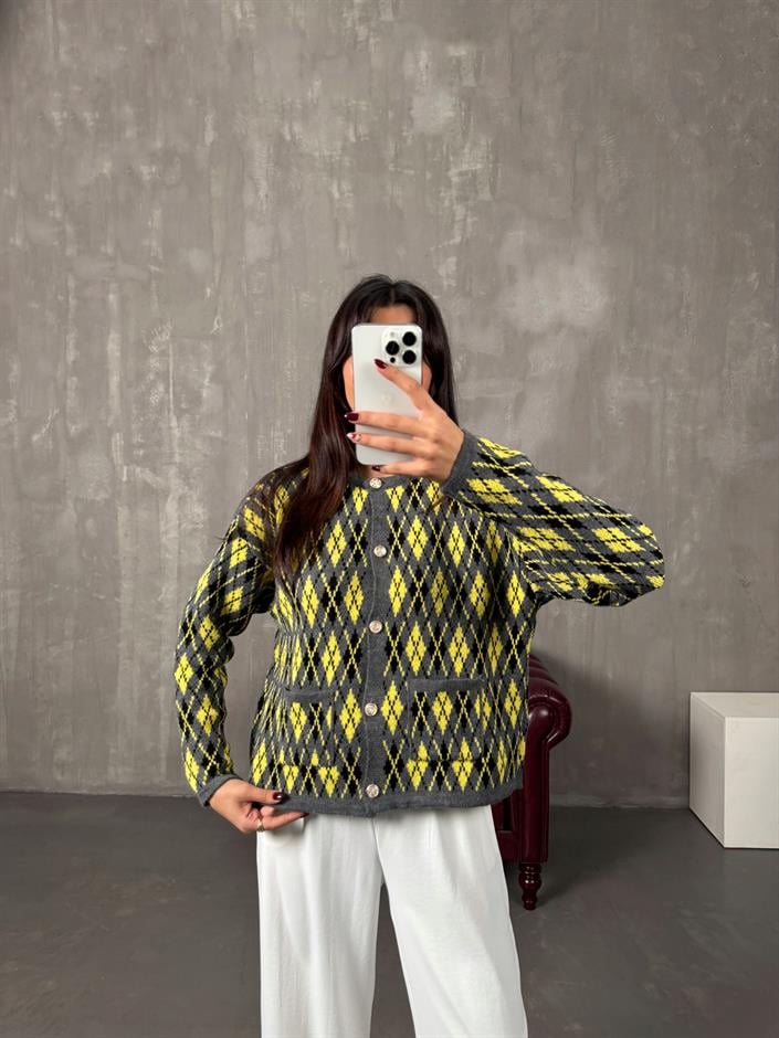 Garcia Gri Sarı Baklava Desenli Hırka