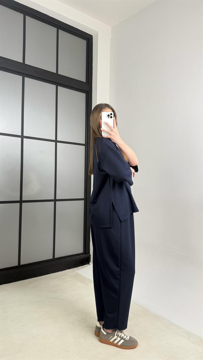 Lacivert Bluz Beli Lastikli Pantolon Modal Kumaş Basic Takım GAUS-01132