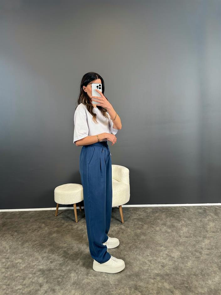 Lul İndigo Mavi Beli Lastikli İp Kemerli Tensel Pantolon 