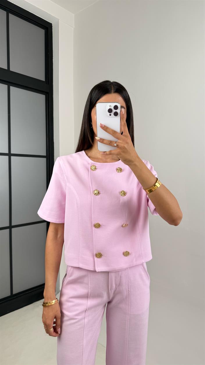 Pembe Önü Düğmeli Astarlı Yelek Cepli Pantolon İkili Keten Takım Gaus00670
