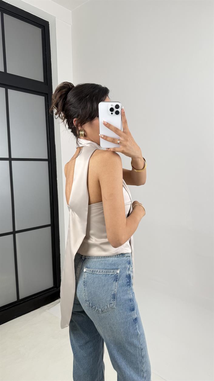 Vizon Boyun Bağlama Detaylı Saten Bluz Gaus00635 