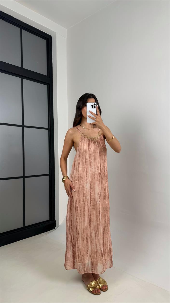 Pembe Askılı Gold Detaylı Astarlı Kırışık Kumaş Elbise Gaus00560