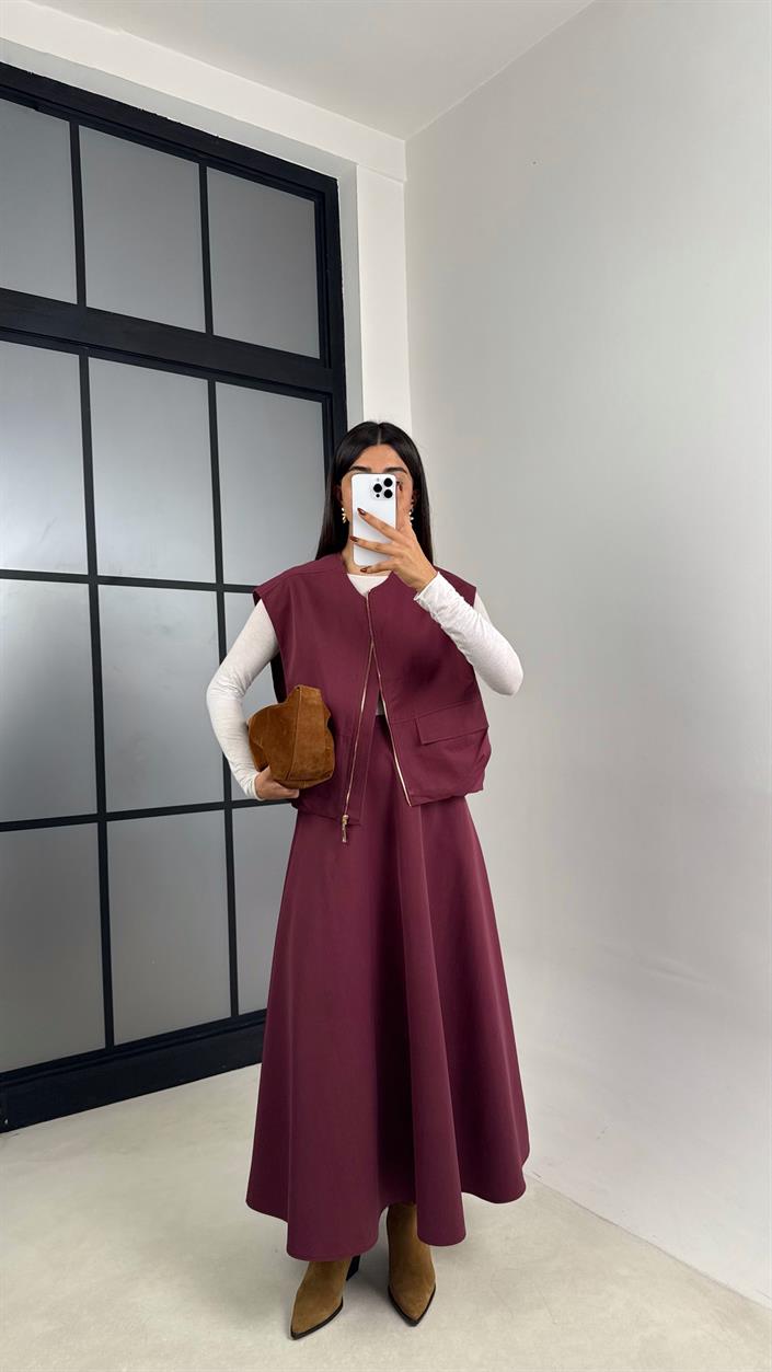 Bordo Astarlı Cep Detaylı Yelek Etek İkili Premium Takım GAUS-00181