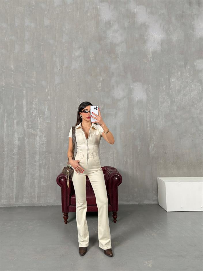 Milen Ekru Fermuarlı Gabardin Tulum