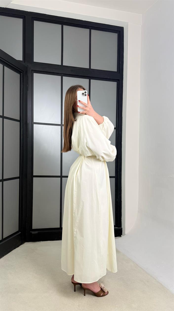 Soft Sarı Düğme Detaylı Kuşaklı Vual Kumaş Elbise GAUS-01263
