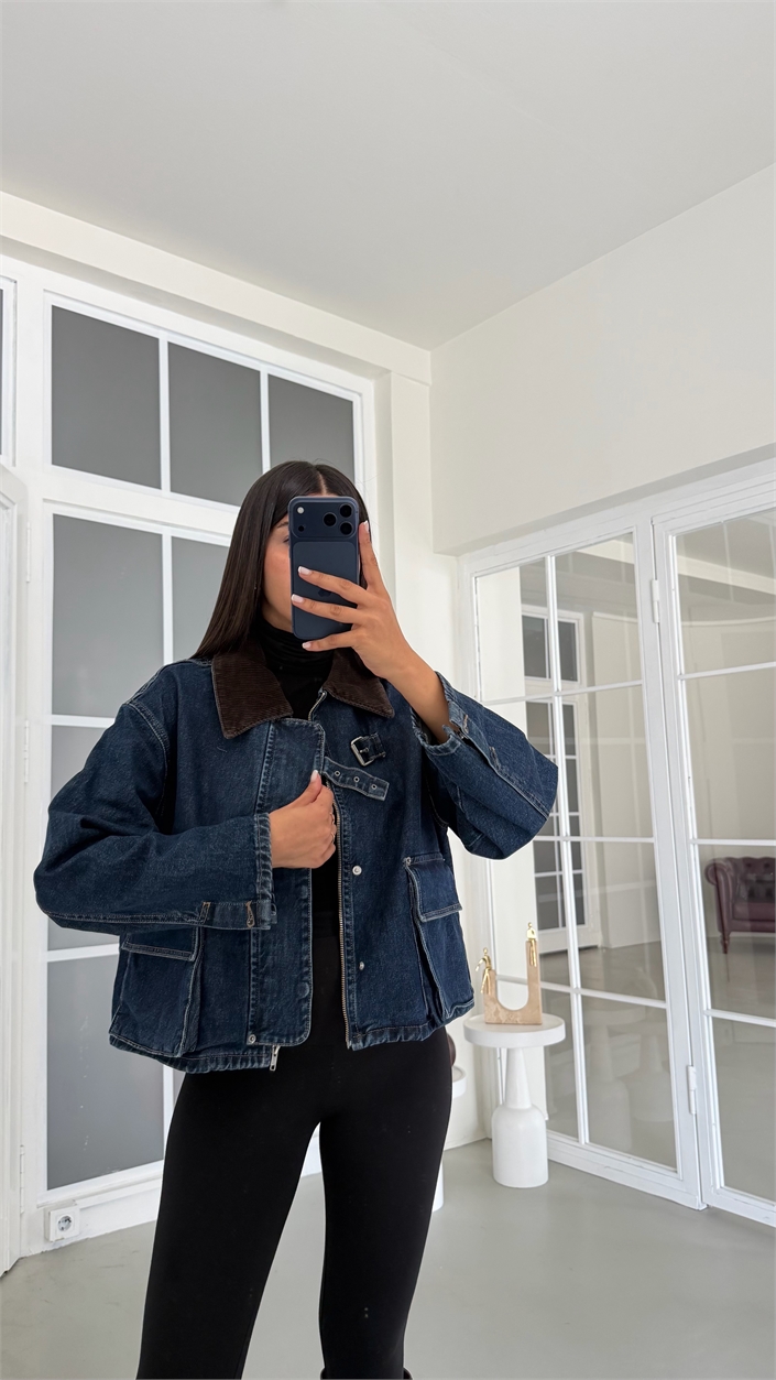 Koyu Mavi Kadife Yakalı Cepli Denim Ceket GAUS-02118