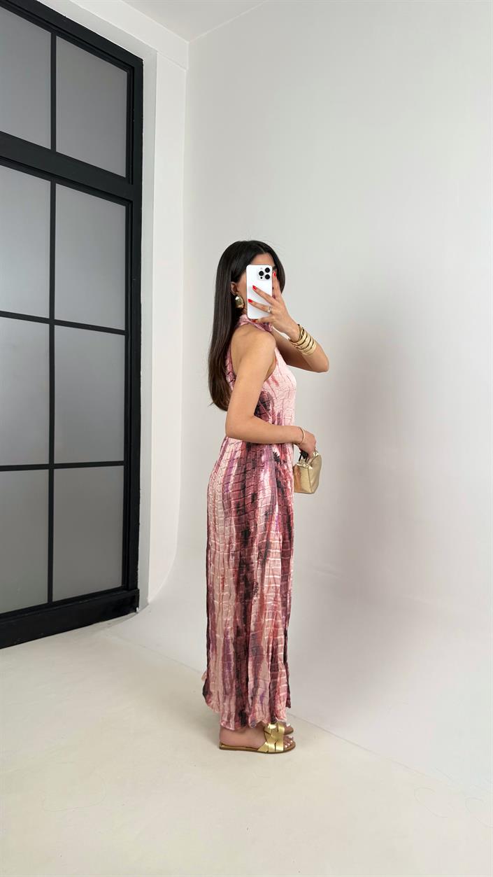 Pembe Renkli Astarlı Kırışık Elbise Gaus00313