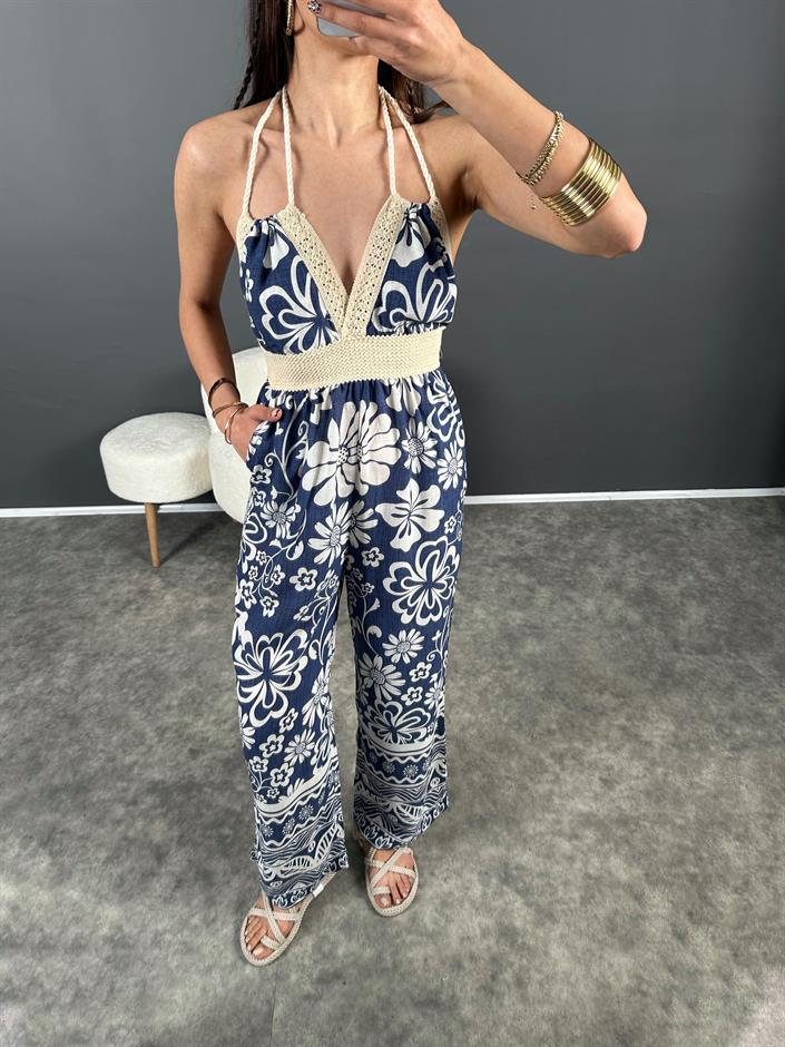 RYN Mavi Viskon Sırt Dekolteli Tulum