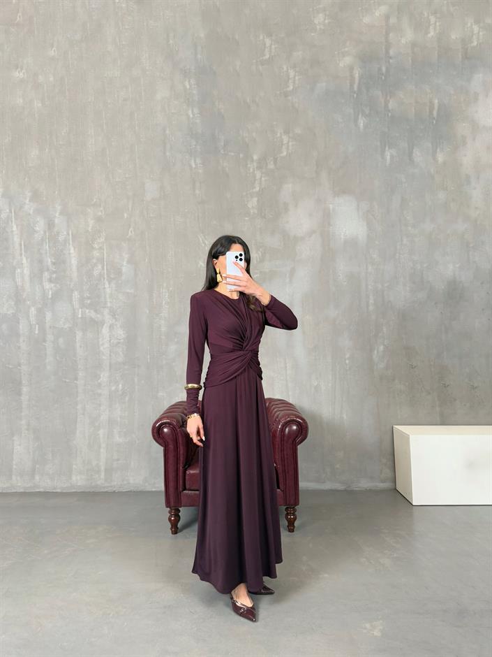 Daisy Mürdüm Önden Drape Detaylı Vatkalı Maxi Elbise