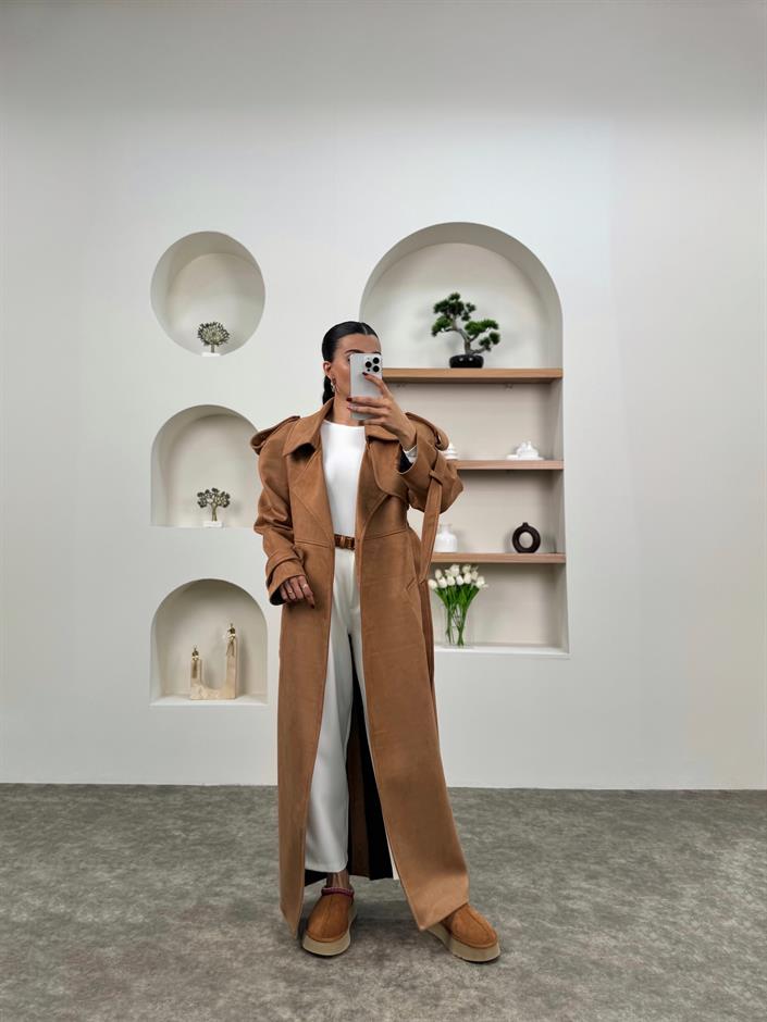 Aura Camel Kuşaklı Premium Süet Kaban