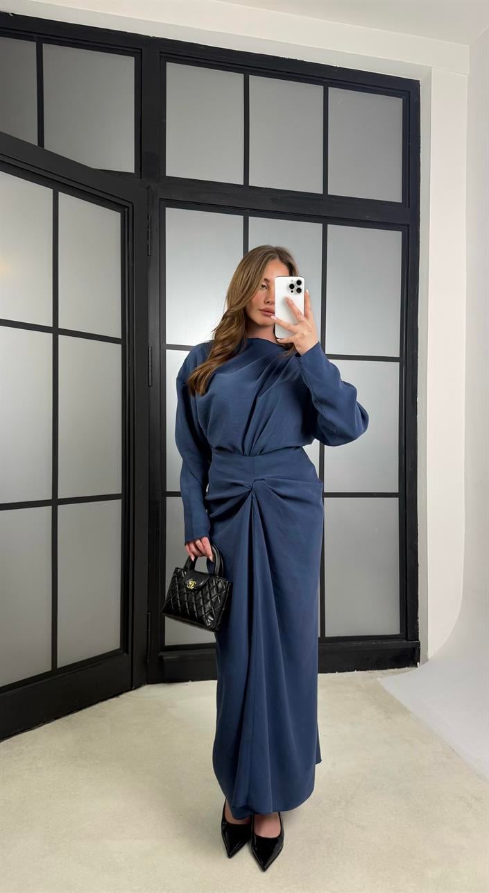 Indigo Mavi Drape Detaylı Etek Bluz Tencel Takım GAUS-01176