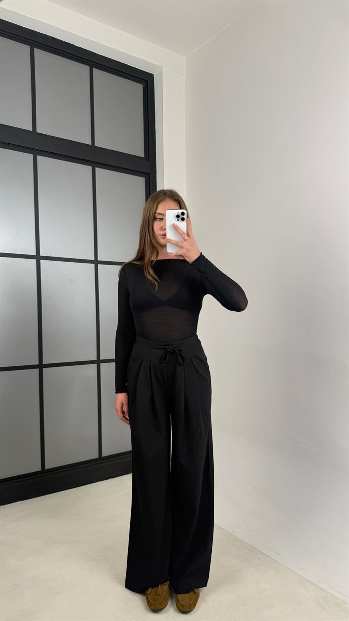 Siyah Beli Lastikli Pile Detaylı Kumaş Pantolon GAUS-00538