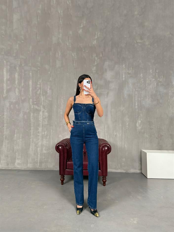 Mavi Kemer Detaylı Ayarlanabilir Askılı Fermuarlı Denim Tulum Gaus00163