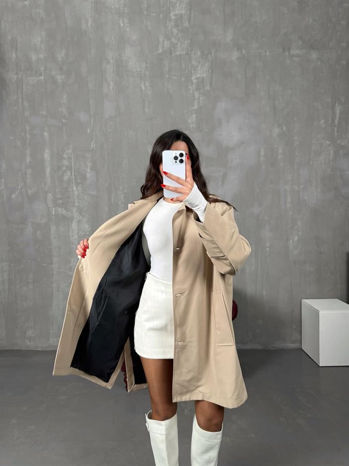 Raven Taş ORJ MD Etiketli Astarlı Atkı Detaylı Trençkot