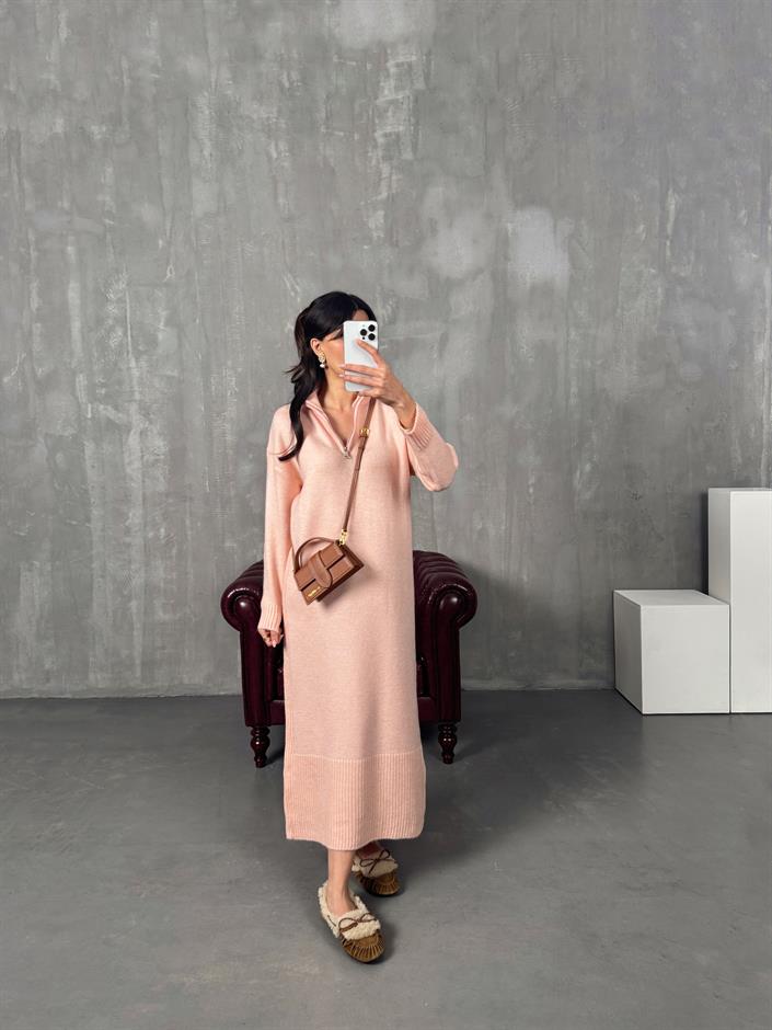 Saja Soft Pembe Fermuarlı Yumuşak Triko Elbise