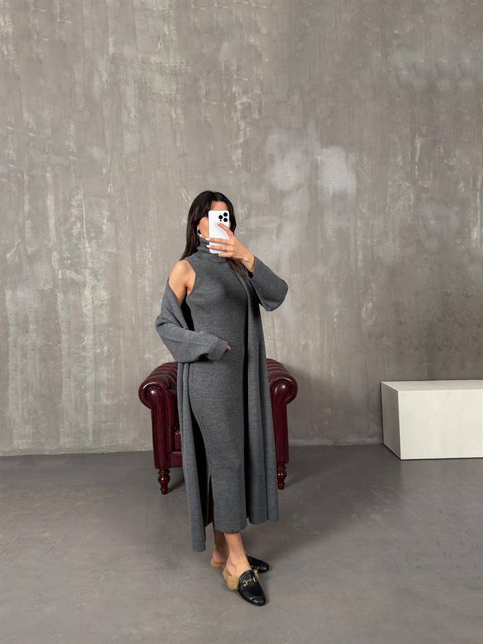 Sores Antrasit Balıkçı Yaka Yandan Yırtmaçlı Elbise Triko Hırka İkili Takım