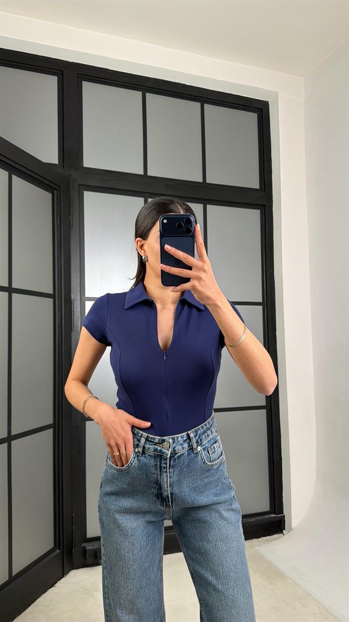 Lacivert Polo Yaka Fermuarlı Basic Bluz GAUS-01467