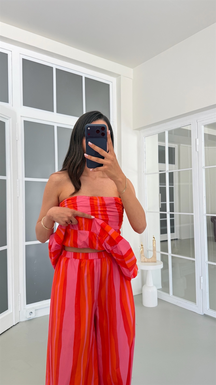 Pembe Çizgili Balon Bluz Beli Lastikli Şalvar Pantolon İkili Premium Takım GAUS-01817