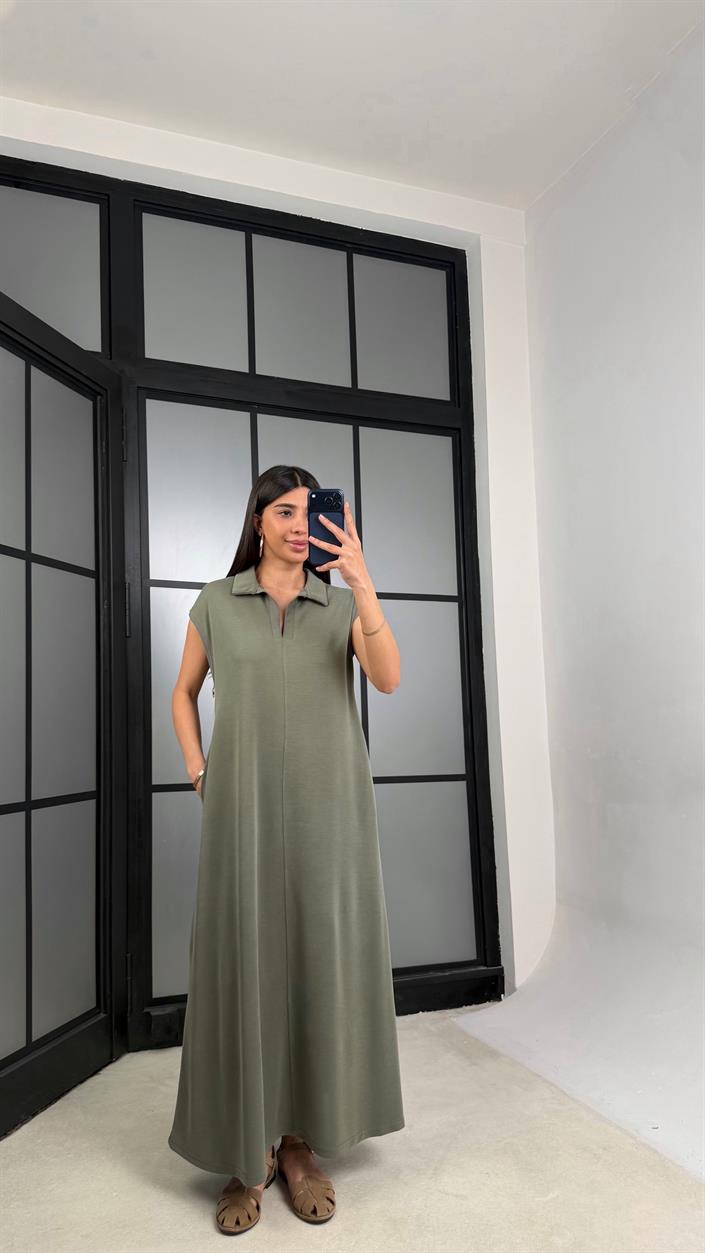 Haki MD Muadil Polo Yaka Cepli Basic Elbise GAUS-01330