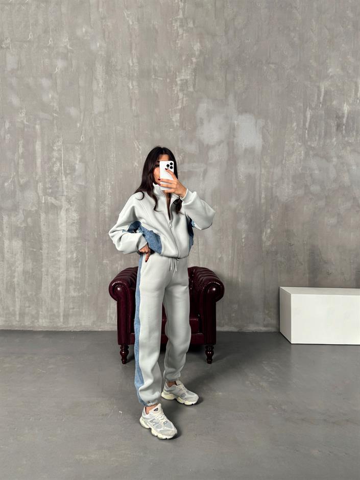 Lome Gri Denim Karışımlı Şardonlu Oversize Takım