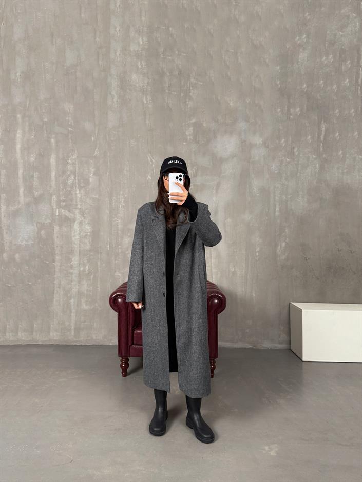 Nerisa Antrasit Düğmeli Astarlı Premium Kaban