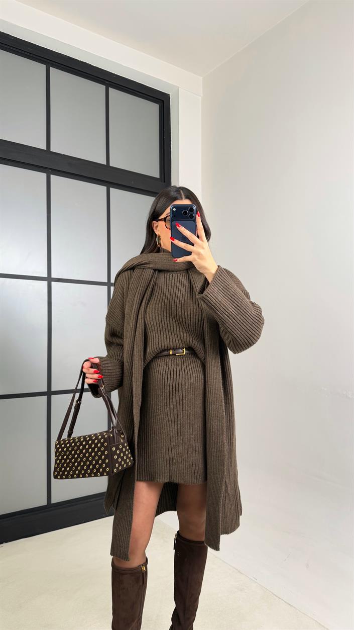 Kahve Şal Detaylı Hırka Kazak Beli Lastikli Etek Triko Takım GAUS-01039