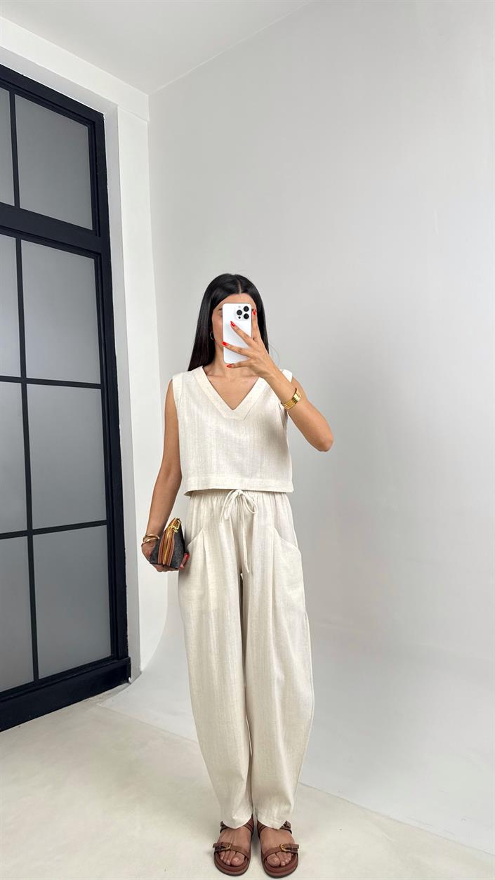 Taş V Yaka Bluz Beli Lastikli Balon Pantolon Muadil Keten Takım GAUS-0016