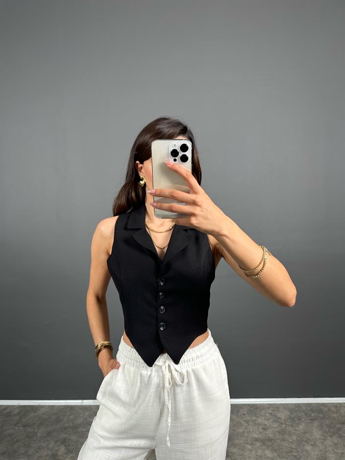 Dios Siyah ZR Model Sırt Dekolteli Astarlı Crop Yelek 
