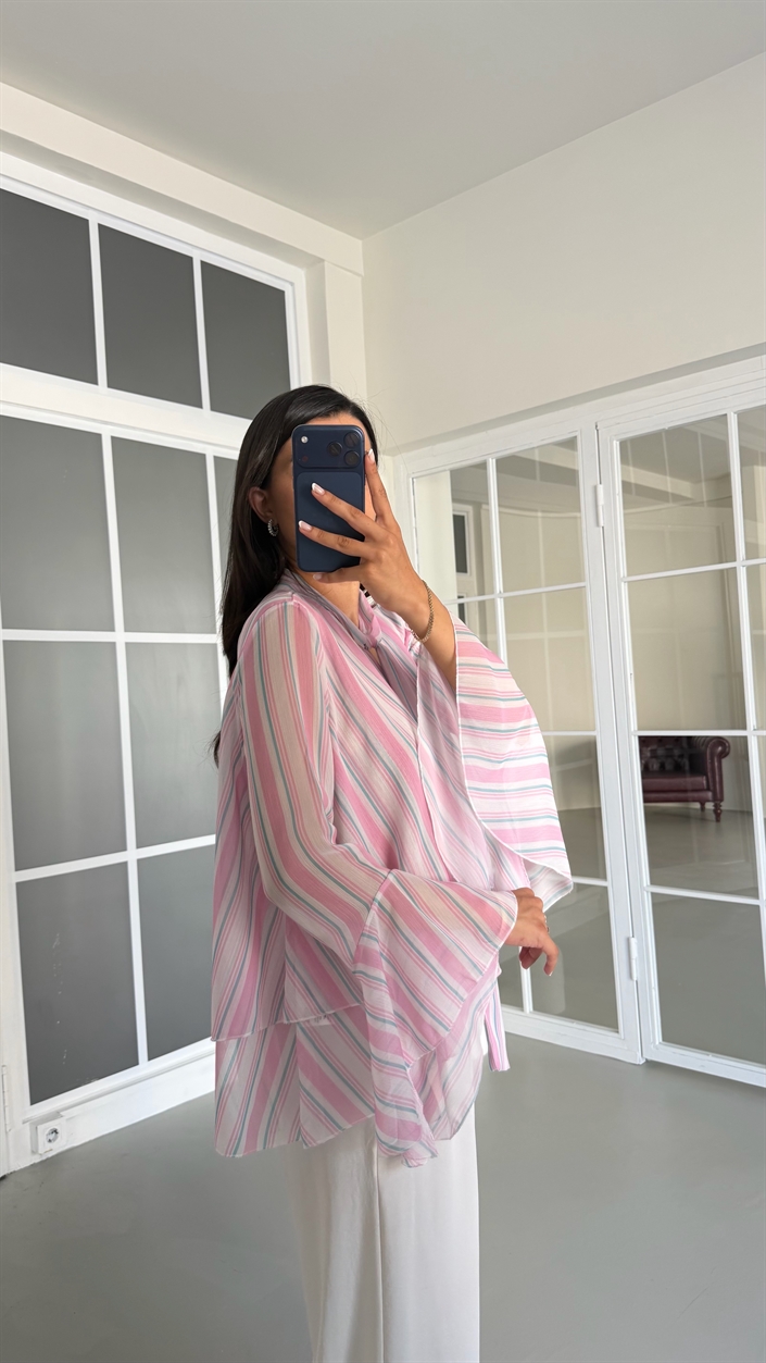 Pembe Fular Detaylı Şeritli Gömlek GAUS-01706