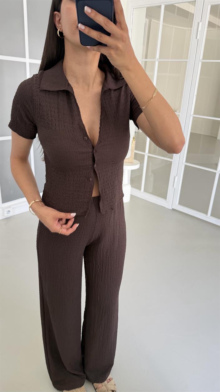 Acı Kahve Crop Bluz Beli Lastikli Pantolon Bürümcük Takım GAUS-01555