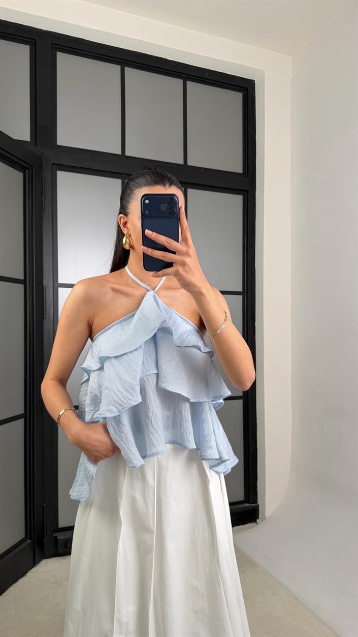 Mavi Boyundan Bağlamalı Fırfır Detaylı  Bluz GAUS-01465