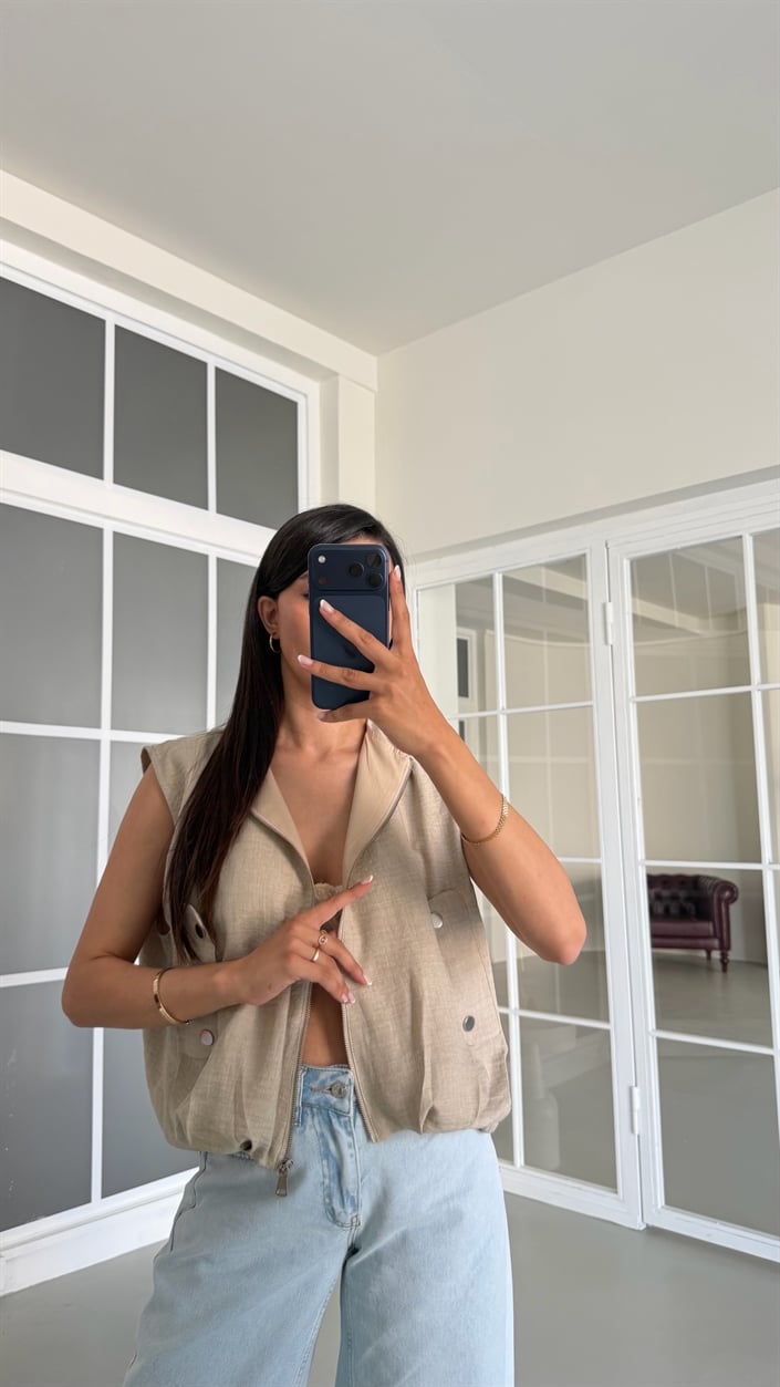 Taş Fermuarlı Astarlı Keten Yelek GAUS-01689