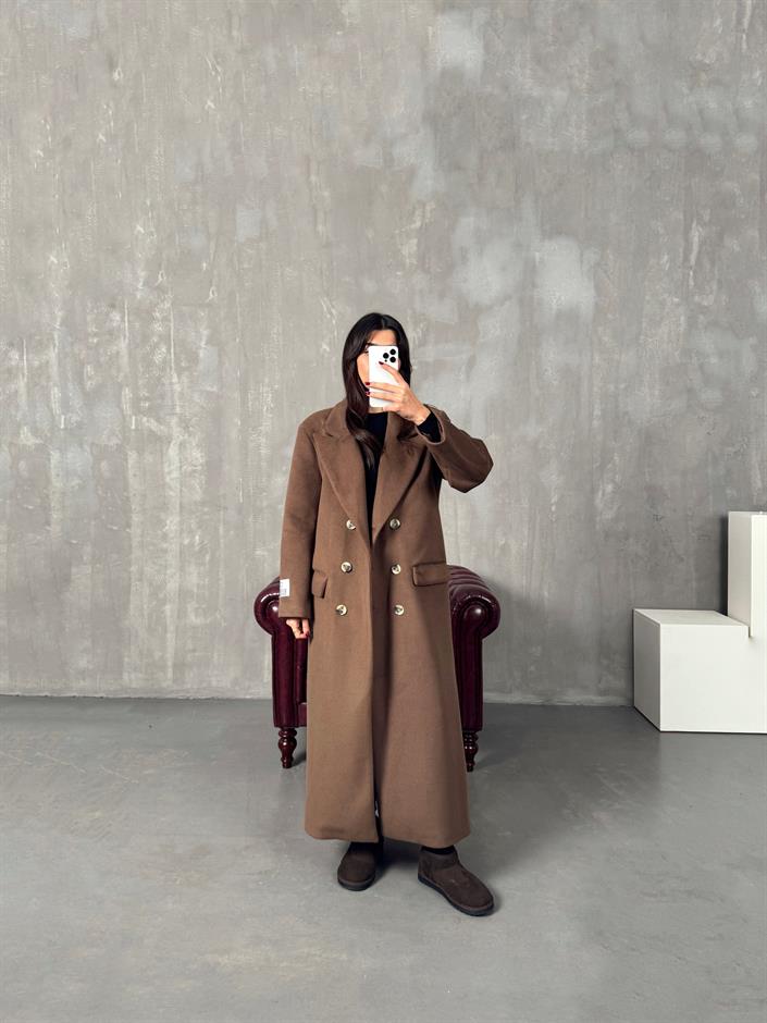 Veco Acı Kahve Astarlı Düğmeli Premium Kaban