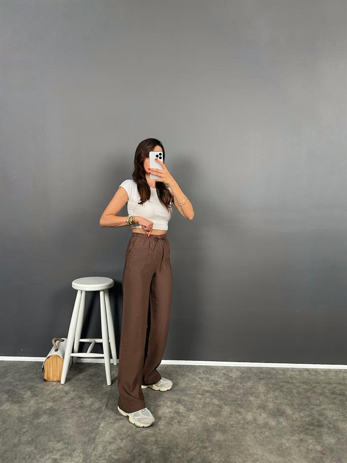 Flay Kahverengi İthal Kumaş ZR Model Bel Bağlamalı Rahat Pantolon