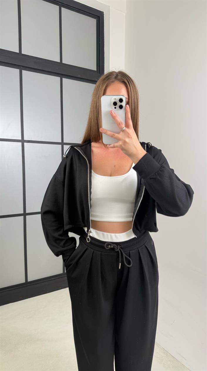 Siyah Atlet Hırka Beli Lastikli Pantolon 3lü Modal Takım GAUS-00645