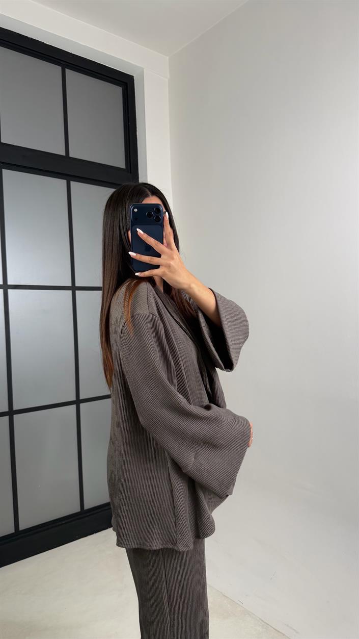 Vizon Yan Düğme Detaylı Kimono Beli Lastikli Pantolon Fitilli Kumaş Takım GAUS-00624
