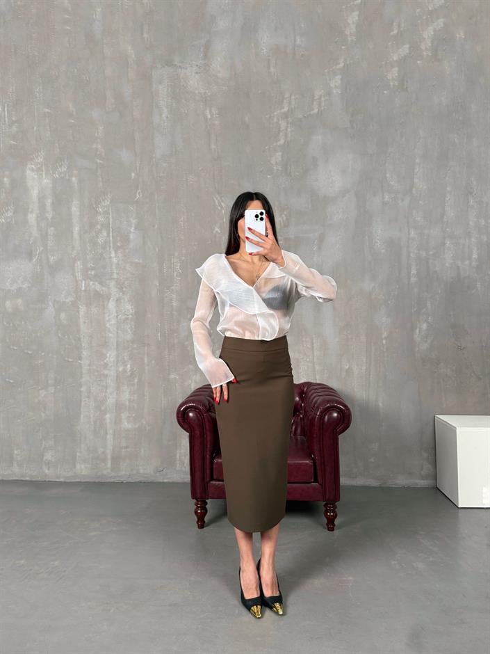 Nalya Kahve ZR Model Yırtmaçlı Kalem Etek