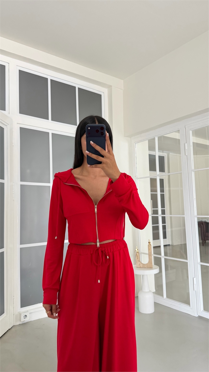 Kırmızı Kapüşonlu Hırka Beli Lastikli Geniş Paça Pantolon İkili OYS Modal Kumaş Takım GAUS-02152
