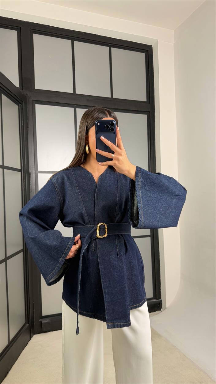 Lacivert Kemerli Denim Ceket GAUS-01198