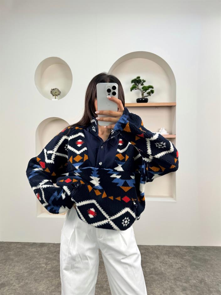 Jow Lacivert Desenli Yaka Çıtçıtlı Peluş Sweatshirt