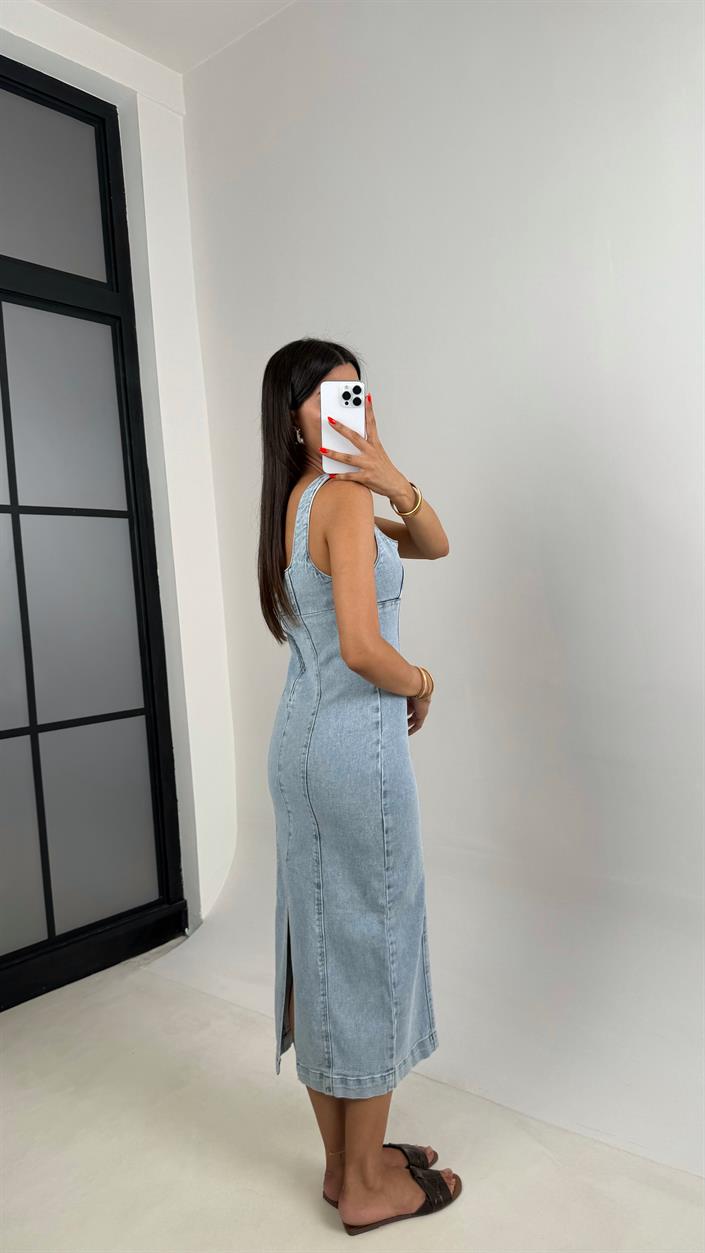 Buz Mavisi Yırtmaç Detaylı Denim Elbise Gaus00693