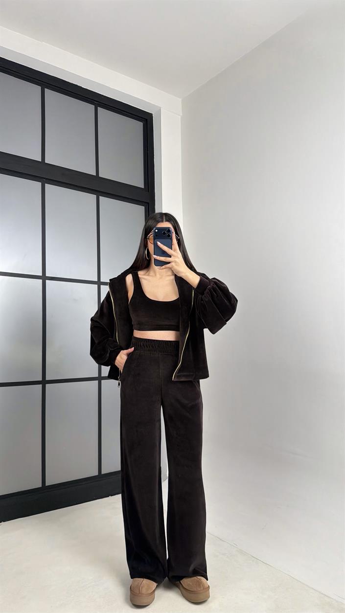 Acı Kahve Kapüşonlu Hırka Crop Beli Lastikli Pantolon 3lü Kadife Takım GAUS-00875