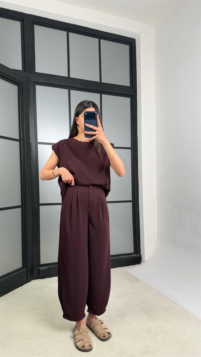 Mürdüm Vatkalı Bluz Beli Lastikli Pantolon Krep Kumaş Takım GAUS-01485