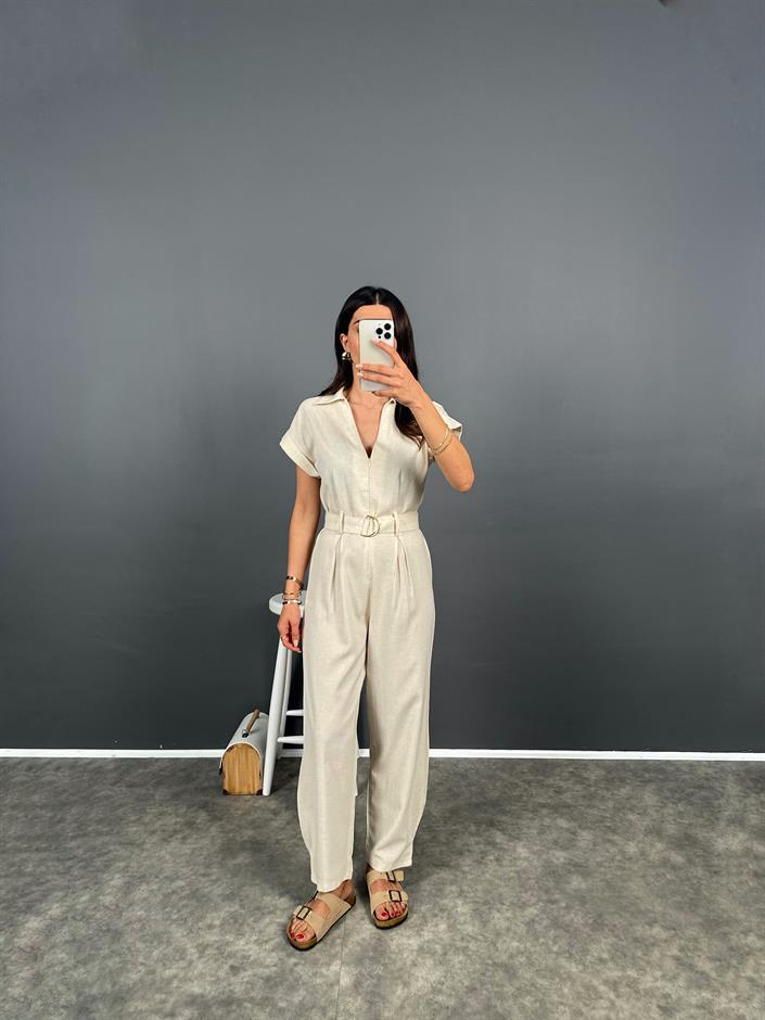 Tatissi Taş Kemer Bağlamalı V Yaka Keten Tulum