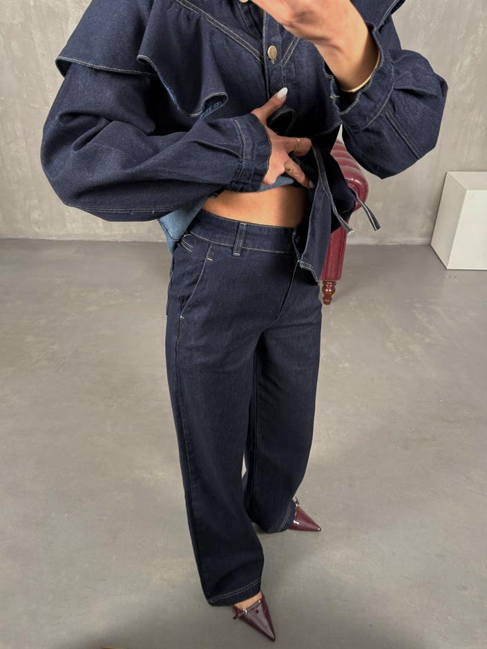 Tasire Lacivert Yaka Fırfır Detaylı Kuşaklı Gömlek Pantolon Denim Takım