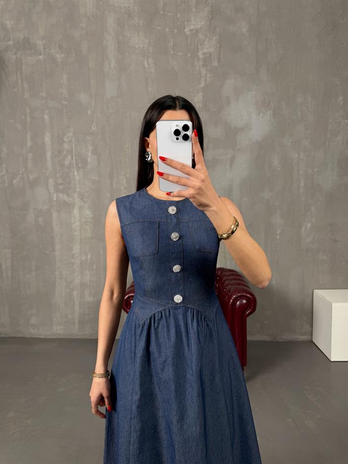 Tetra Mavi Düğme Detaylı Sıfır Kol Fermuarlı Cepli Tensel Denim Elbise