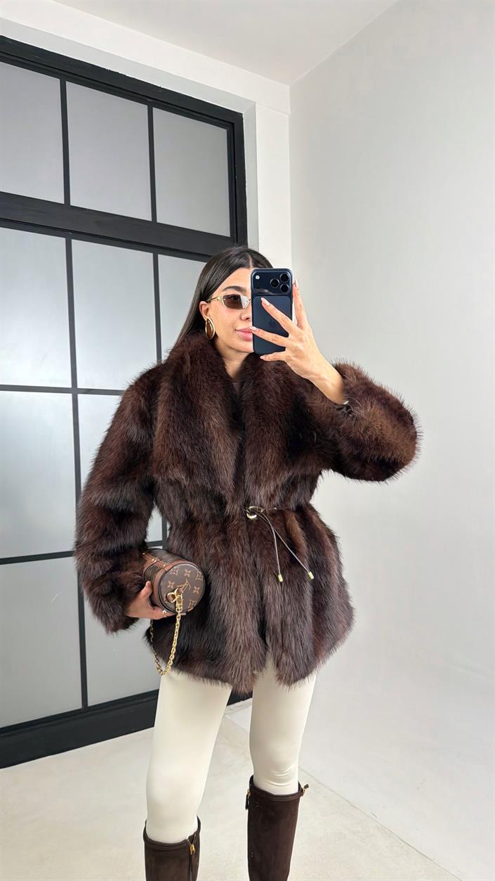 Acı Kahve Astarlı Kemer Detaylı Premium Kürk GAUS-00878