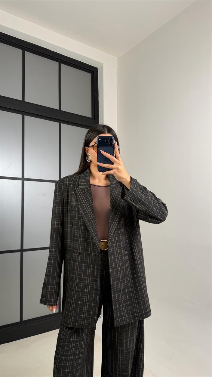 Füme Vatkalı Astarlı Kuşaklı Premium Desenli Ceket GAUS-00910